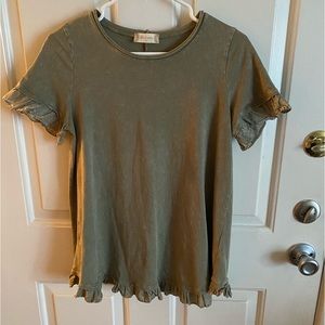 Women’s Altar’d State army, green T-shirt with ruffle, hem and sleeves size XS